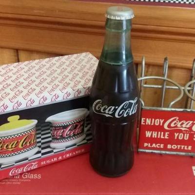 Miscellaneous contents - Set of (3) cannisters, vintage metal Coca-Cola bottle holder (goes on insid
