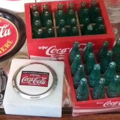 Coca-Cola belt buckle, paper weight, one (1) coaster, two (2) shot glasses, owl bank, three (3) mini