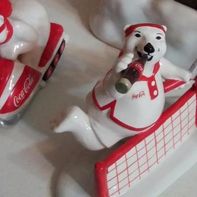 Coca-Cola polar bear lot - stuff polar bear on sleigh carrying Coca-Colas, bears with Coca-Cola ornm