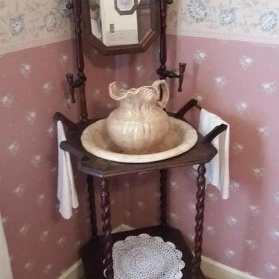 Antique walnut washstand with Barley twist legs with two (2) candleholders at mirror attached; inclu