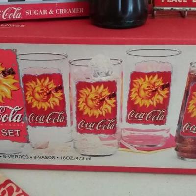 Miscellaneous contents - Set of (3) cannisters, vintage metal Coca-Cola bottle holder (goes on insid