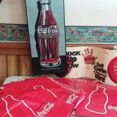 Mixed lot of Coca-Cola vintage advertisements - bags, paper advertisement, wall hanging, banners, ca