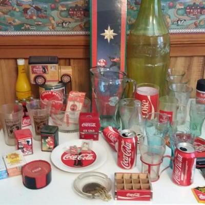 Assortment of Coca-Cola glasses, one (1) Coca-Cola pitcher, four (4) decks of playing cards, five (5