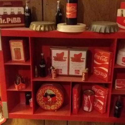 Mixed lot of Coca-Cola items: Shadow box Coke crate with miscellaneous Coke items, Coke Braves bumpe