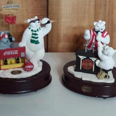 Two (2) music boxes - one (1) polar bear and seal drinking Coke and one (1) soda jerk polar bear ser
