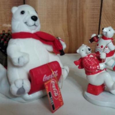 Coca-Cola polar bear lot - stuff polar bear on sleigh carrying Coca-Colas, bears with Coca-Cola ornm