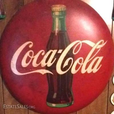 Vintage Coca-Cola Button sign (which includes the Coke bottle), original paint on sign, 24.5 inches.
