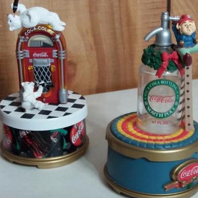 Pewter miniature Coca-Cola train, miniature Coke cooler that serves as a clock, music box that is a 