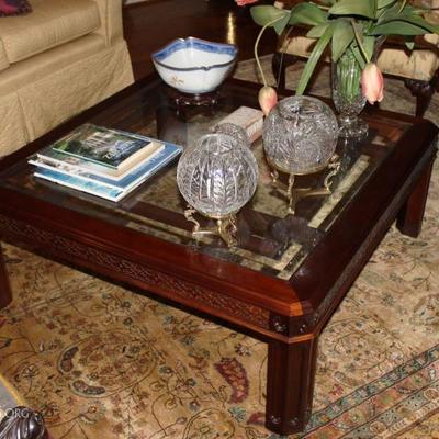 Coffee Table, Books, Crystal Rose Bowls