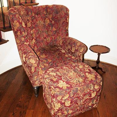 Upholstered Wing Back Chair with Ottoman, Leather Top Side Table