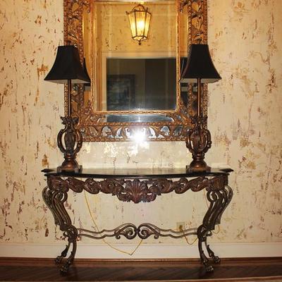 Marble Top Console Table, Large Mirror, Table Lamps