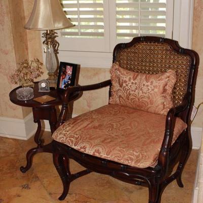 Arm Chair with Cane Seating, Round Side Table, Lamp