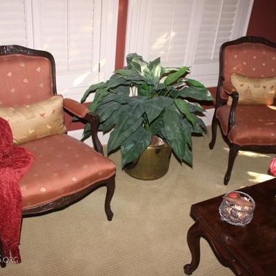 Pair of Upholstered Arm Chairs, Greenery in Brass Pot