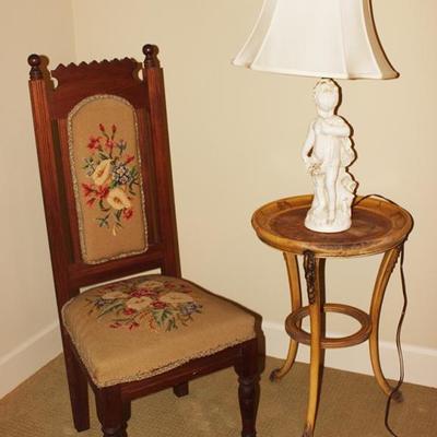 Needlepoint Chair, Side Table, Lamp