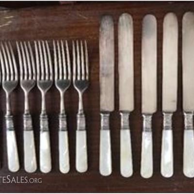 Mother-of-Pearl handled antique forks/knives set with sterling band