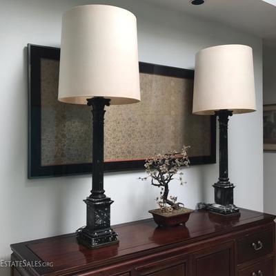 Exceptionally tall banquet / table lamps, black marble