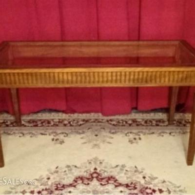 $27.00 - NEOCLASSICAL WOOD CONSOLE TABLE, GLASS INSET TOP, FLUTED LEGS, VERY GOOD CONDITION, 48