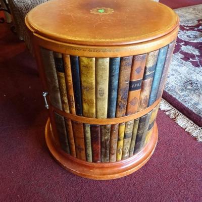 AUCTION ONLY - LEATHER WRAPPED BOOK MOTIF CABINET TABLE, SINGLE DOOR WITH INTERIOR SHELF