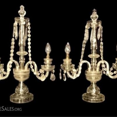 $72.00 - PAIR VINTAGE CRYSTAL LAMPS WITH CRYSTAL SWAGS AND DROPS, 2 LIGHTS EACH, VERY GOOD VINTAGE CONDITION, 19