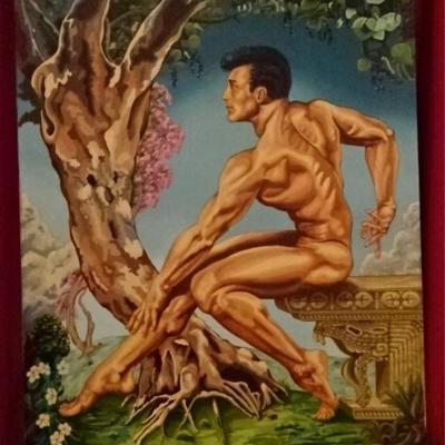 $196.00 - LARGE ALBERT CARUS OIL ON CANVAS PAINTING, SEATED MALE NUDE AND TREE, SIGNED LOWER RIGHT