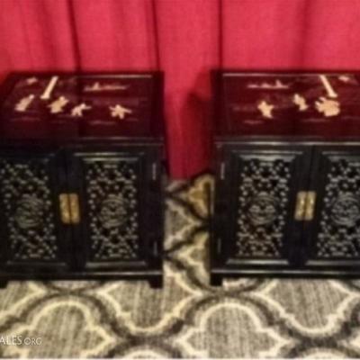 $46.00 - PAIR CHINESE BLACK LACQUER TABLES, CARVED STONE FIGURES, 2 DOOR CABINETS WITH BRASS PULLS, VERY GOOD CONDITION, 22