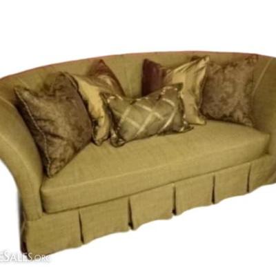$183.00 - PAUL ROBERT SILK SOFA, TAUPE COLOR SILK WITH BRONZE AND TAUPE SILK ACCENT PILLOWS, #1 OF TWO IDENTICAL SOFAS AVAILABLE,...