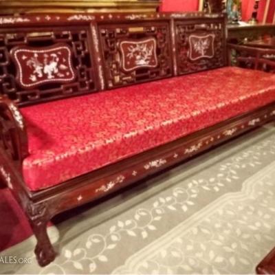 $196.00 - CHINESE ROSEWOOD SOFA, MOTHER OF PEARL INLAID WOOD FRAME WITH RED AND GOLD DRAGON PRINT