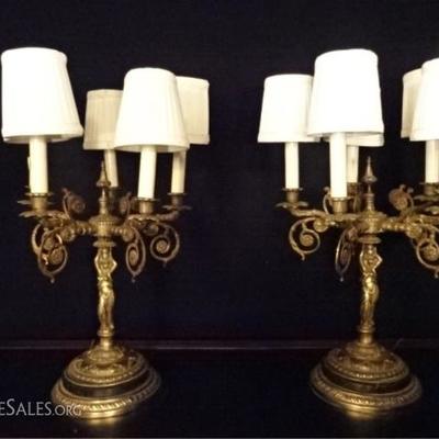 $98.00 - PAIR BRONZE FIGURAL LAMPS, 4 LIGHTS EACH, FEMALE FIGURAL BASE, VERY GOOD OVERALL CONDITION 