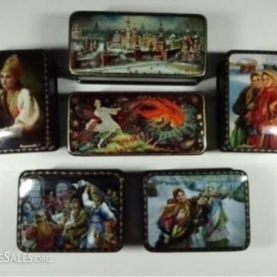 $150.00 - 6 RUSSIAN HAND PAINTED LACQUERED BOXES, SOLD AS A GROUP