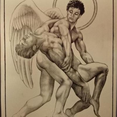$66.00 - LARGE ALBERT CARUS PRINT, ARCHANGEL MICHAEL AND NUDE MALE, SIGNED AND DATED IN THE PLATE, VERY GOOD CONDITION, FRAMED SIZE 46