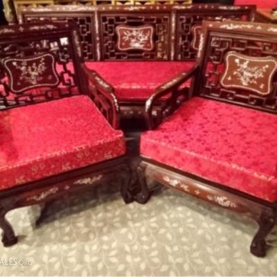 $196.00 - PAIR CHINESE ROSEWOOD ARMCHAIRS, MOTHER OF PEARL INLAID WOOD FRAMES WITH RED AND GOLD