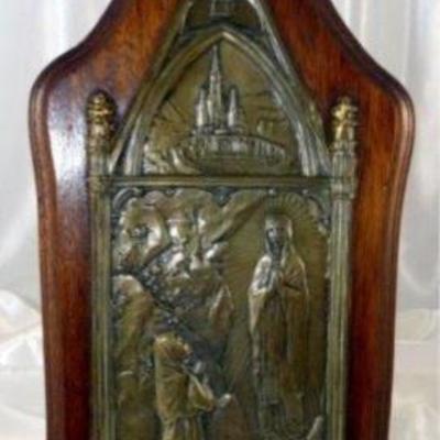 $196.00 - EARLY 19TH C. FRENCH PLAQUE LOURDES BERNADETTE PLAQUE HYMN MUSIC BOX. BLESSED AT GROTTO