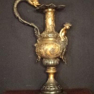 $222.00 - LARGE BRONZE EWER, CLASSICAL DOLPHIN HANDLE, FLUTED RIM, FOLIATE AND FLORAL DESIGNS