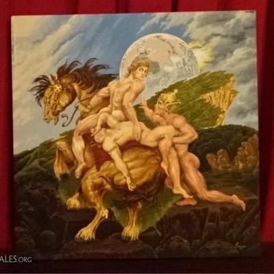 $196.00 - LARGE ALBERT CARUS OIL ON CANVAS PAINTING, 3 MALE NUDES AND HORSE, SIGNED LOWER RIGHT