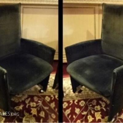 $53.00 - PAIR MODERN DESIGN VELVET ARMCHAIRS ON CASTERS, GOOD VINTAGE CONDITION WITH SOME WEAR