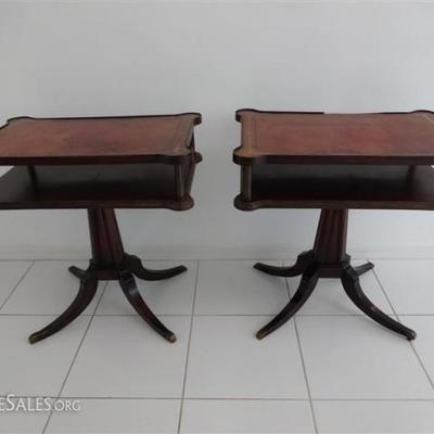 $105.00 - PAIR MAHOGANY PEDESTAL TABLES, GILT EMBOSSED LEATHER TOPS, BRASS CAP FEET, SOLID VINTAGE C