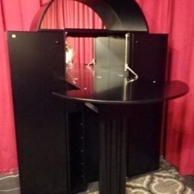 $46.00 - INTERLUBKE LIGHTED BAR CABINET WITH DROP DOWN BAR COUNTER, LIGHTED MIRRORED BACK, DOME TOP,