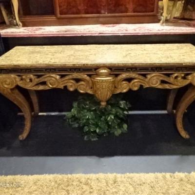 $261.00 - NEOCLASSICAL WOOD CONSOLE TABLE, TESSELATED MARBLE TOP, ELABORATELY CARVED URN AND ACANTHUS LEAVES