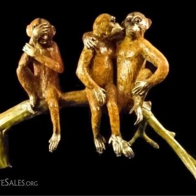 $718.00 - LARGE BRONZE SCULPTURE, 3 MONKEYS WITH GILT AND PATINATED FINISH