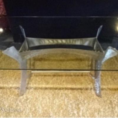$59.00 - MODERN CUT STEEL DINING TABLE WITH RECTANGULAR GLASS TOP, VERY GOOD CONDITION, TOP MEASURES