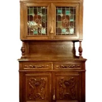$620.00 -EARLY 19TH C. DUTCH FLEMISH OAK SIDEBOARD, CIRCA 1820s, CARVED PLATE RACK ON CUPBOARD