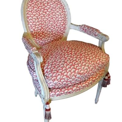 $131.00 - LOUIS XVI STYLE OPEN ARMCHAIR, OVAL BACK, RED AND OFF WHITE UPHOLSTERY WITH TASSELS