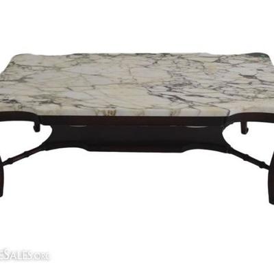 $85.00 - MAHOGANY MARBLE TOP COFFEE TABLE, RECTANGULAR WHITE MARBLE TOP, VERY GOOD CONDITION, 50