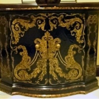 $124.00 - GOLD AND BLACK LACQUER CABINET, CRAQUELURE FINISH TOP, ORNATE GOLD ENAMEL FOLIATE DESIGNS,