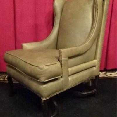 $124.00 - GREEN LEATHER WING CHAIR, NAILHEAD TRIM, APPROX 47