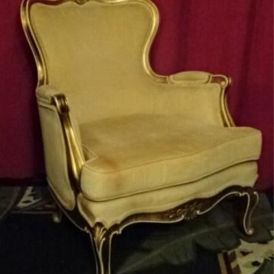 $79.00 - LOUIS XV STYLE GOLD GILT WOOD BERGERE ARMCHAIR, YELLOW VELVET UPHOLSTERY, VERY GOOD CONDITION