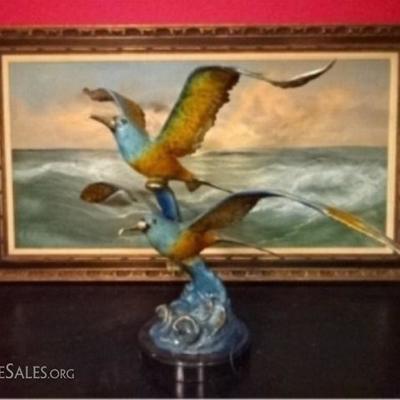 $783.00 - LARGE PATINATED BRONZE SEAGULL SCULPTURE, 2 SEAGULLS ON MARBLE BASE, GOLD GILT ACCENTS