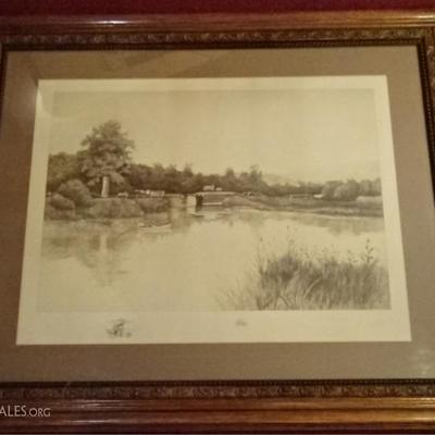 $170.00 - 19TH C. ETCHING, RIVER SCENE WITH BRIDGE, SIGNED J.T. GILLING AND DATED 1892 IN THE PLATE 