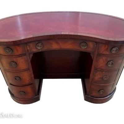 $170.00 - MAHOGANY KIDNEY SHAPE DESK, CIRCA 1940's, HAND MADE BY CHARAK FURNITURE CO, GILT EMBOSSED 