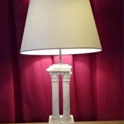 $20.00 - MARBLE IONIC COLUMN TABLE LAMP, 2 WHITE MARBLE COLUMNS ON RECTANGULAR BASe